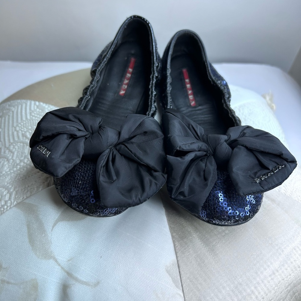 PRADA RARE BALLET FLATS SEQUENCE GLITTER BLACK Genuine  PATENT SATIN BOW